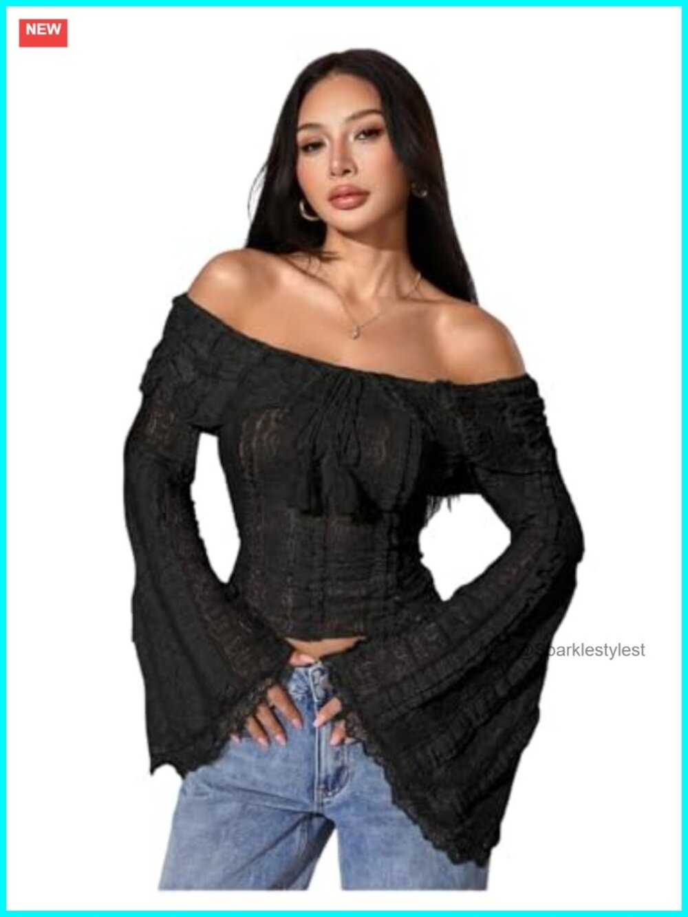 Lace Off Shoulder Ruffle Crop Top with Tassel and Zip Up Detail
